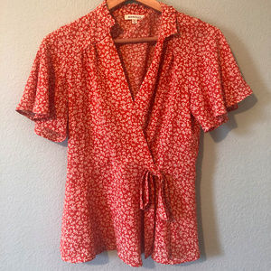 Peach Patterned Blouse with Tie at Waist